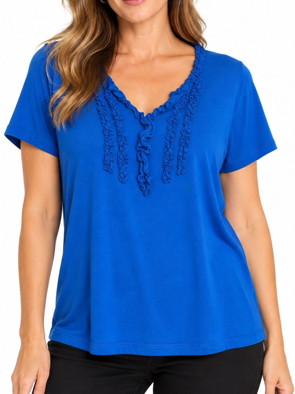 St. John’s Bay Royal Blue Short Sleeve Ruffle Front Top Size 1X